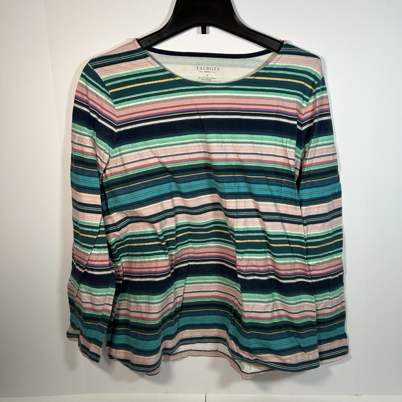 1X Talbots REGULAR Coral Turquoise/Blue White Gray Striped Shirt Boatneck