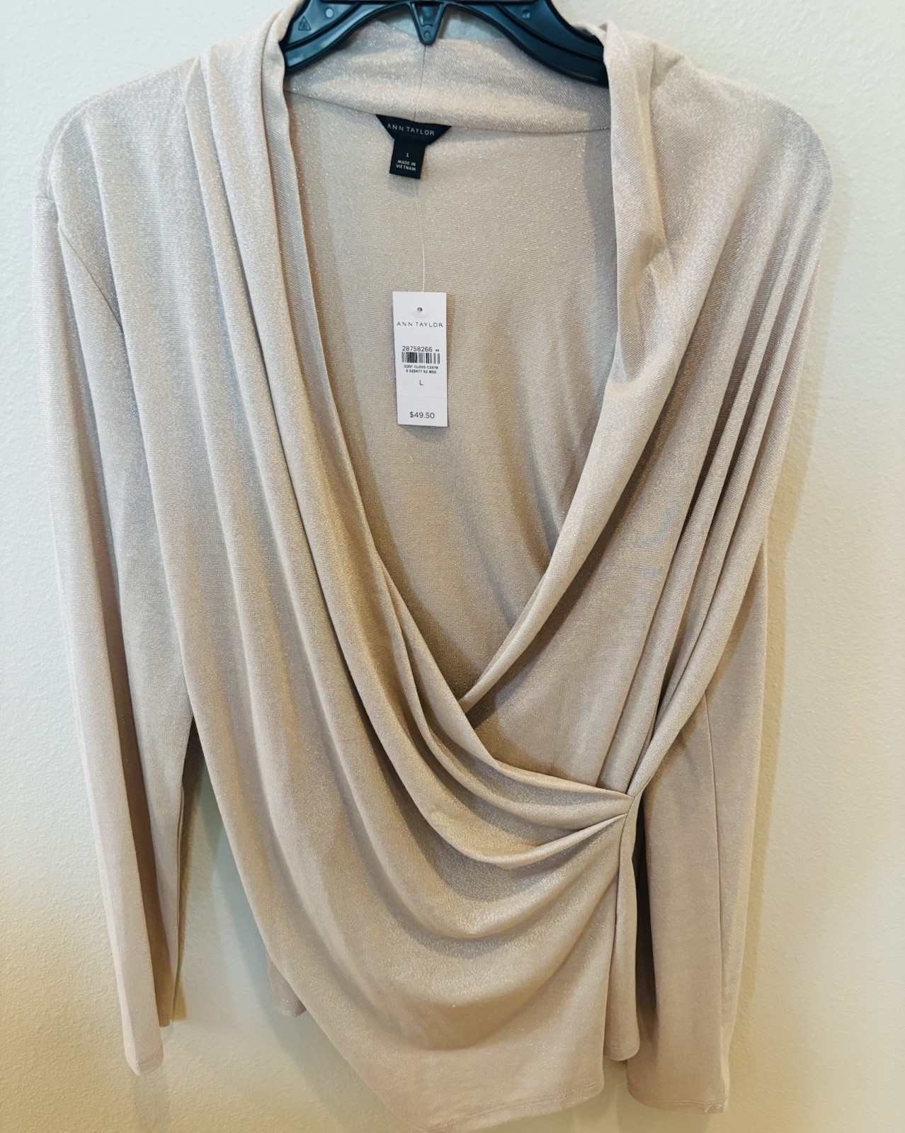 Ladies Ann Taylor Champagne/Metallic Wrap Top NWT Sz Lg Rayon Blend-Machine Wash