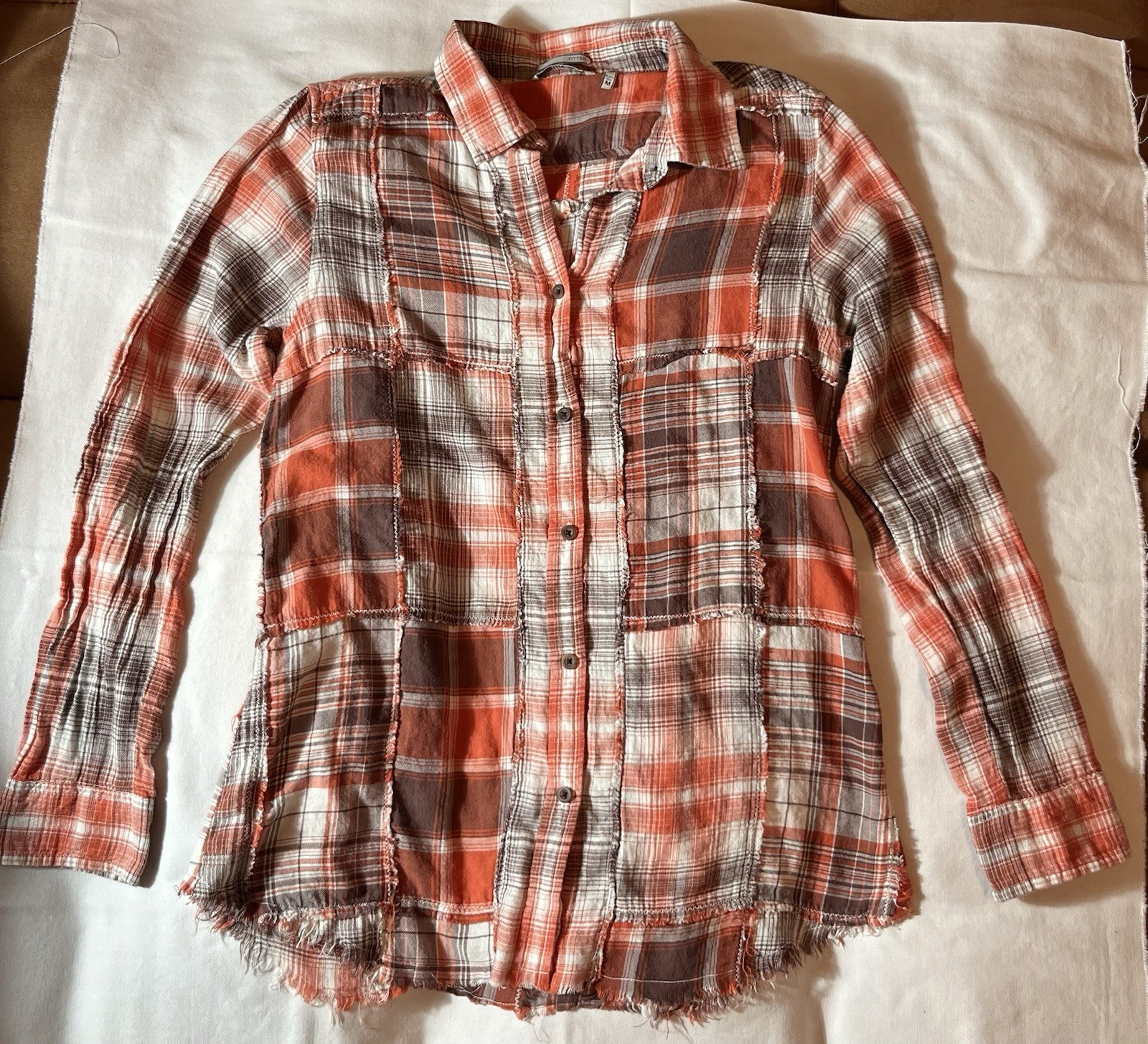 BKE Buckle Women’s Patchwork Plaid Flannel Shirt Raw Edge Hem Western Sz M