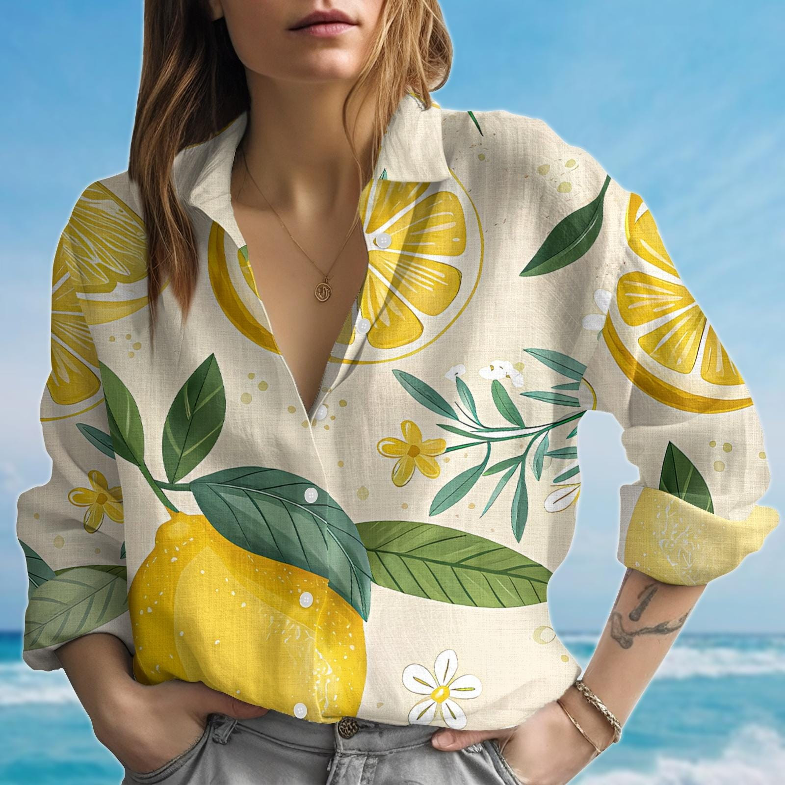 Lemon Print Blouse Shirt Summer Fruit Women Shirt
