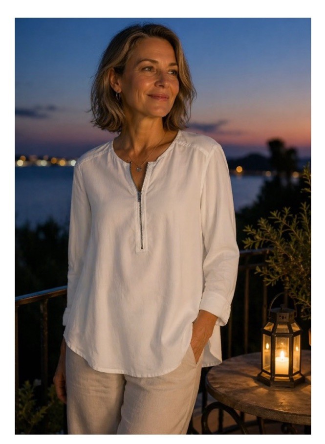 Eileen Fisher White Half Zip Linen Blend Top Sustainable Minimalist XS
