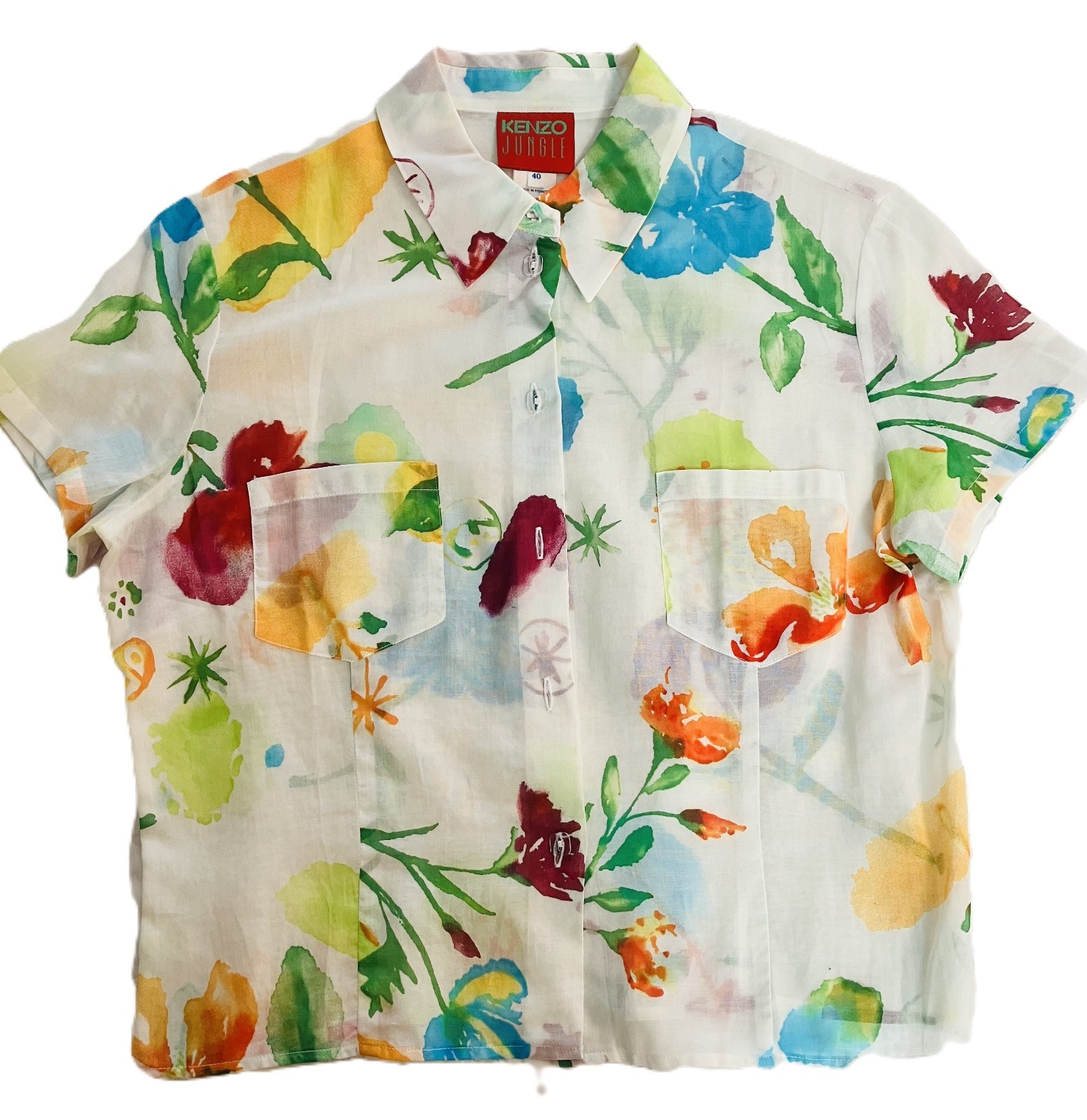 KENZO JUNGLE Vintage Women’s Button Down Top Blouse Size FR40 Short Sleeve