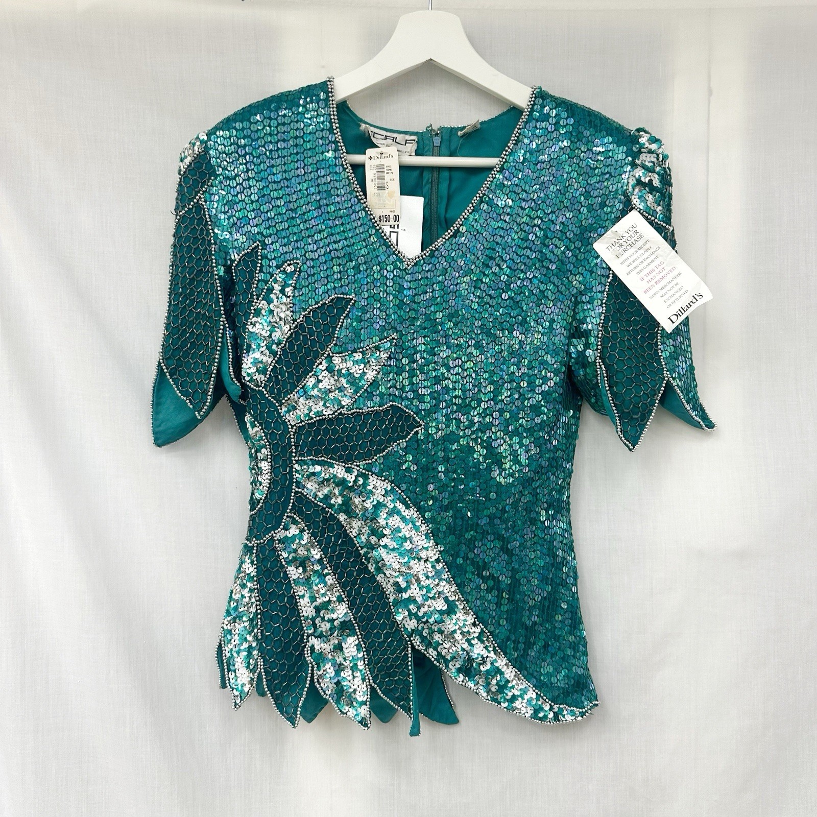 Vintage SCALA Women’s Size S NEW Sequin Beaded Teal Silk Top Cocktail Blouse