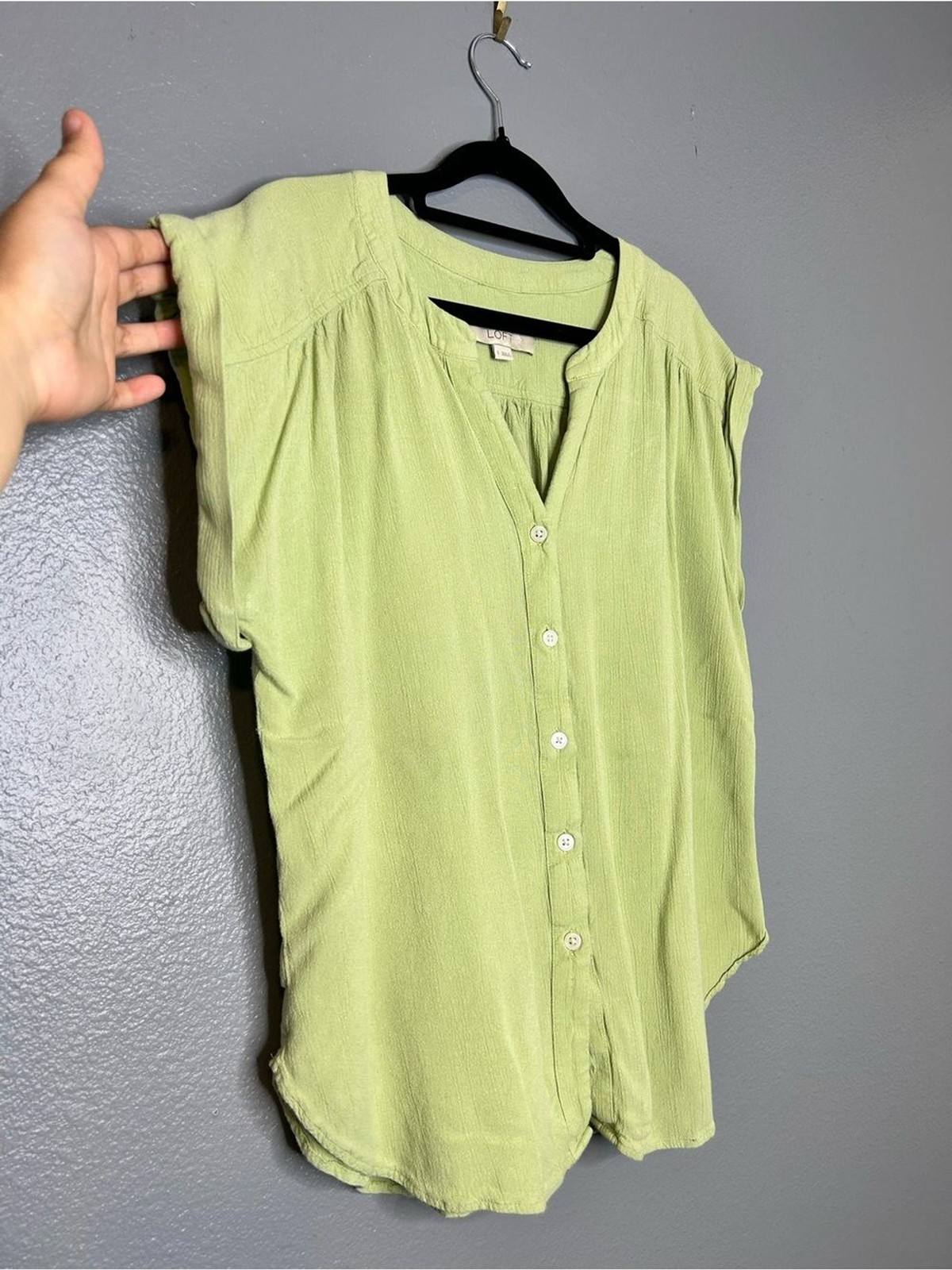 LOFT Light Lime Cap Sleeve Button-Down Top
