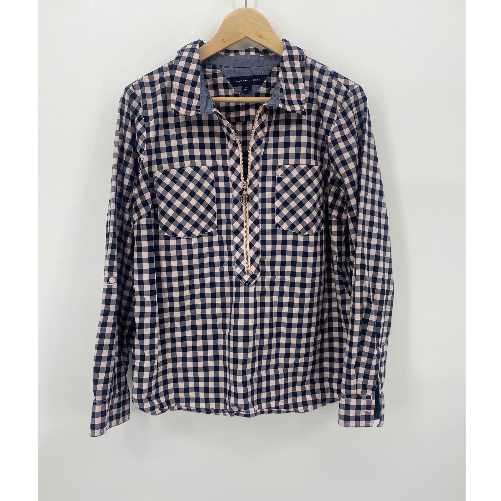 Tommy Hilfiger Quarter Zip Top Womens Large Pink Navy Gingham Check Excellent L