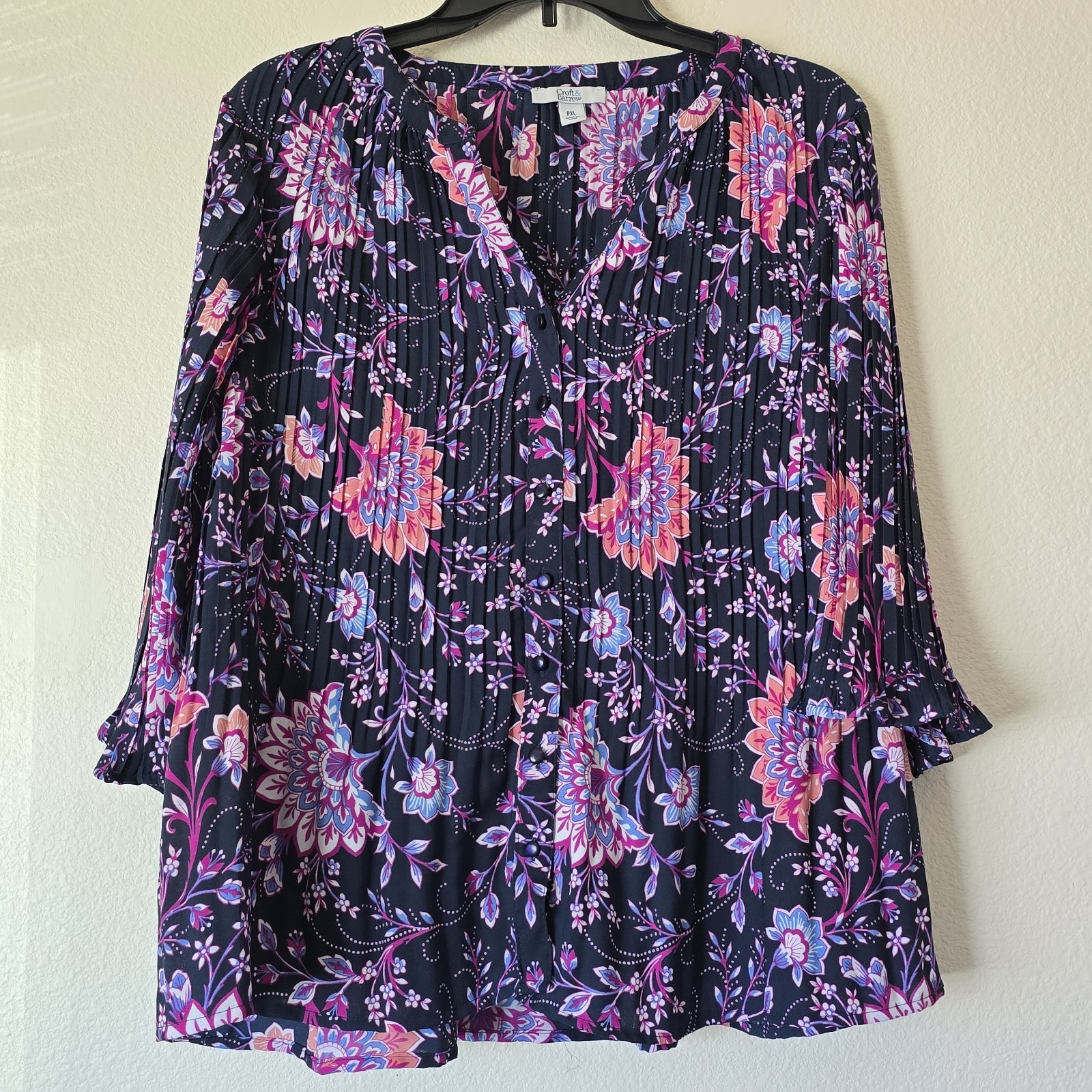 Croft & Barrow Women’s Petite XL Floral Button Down Dress Top Purple Career Work