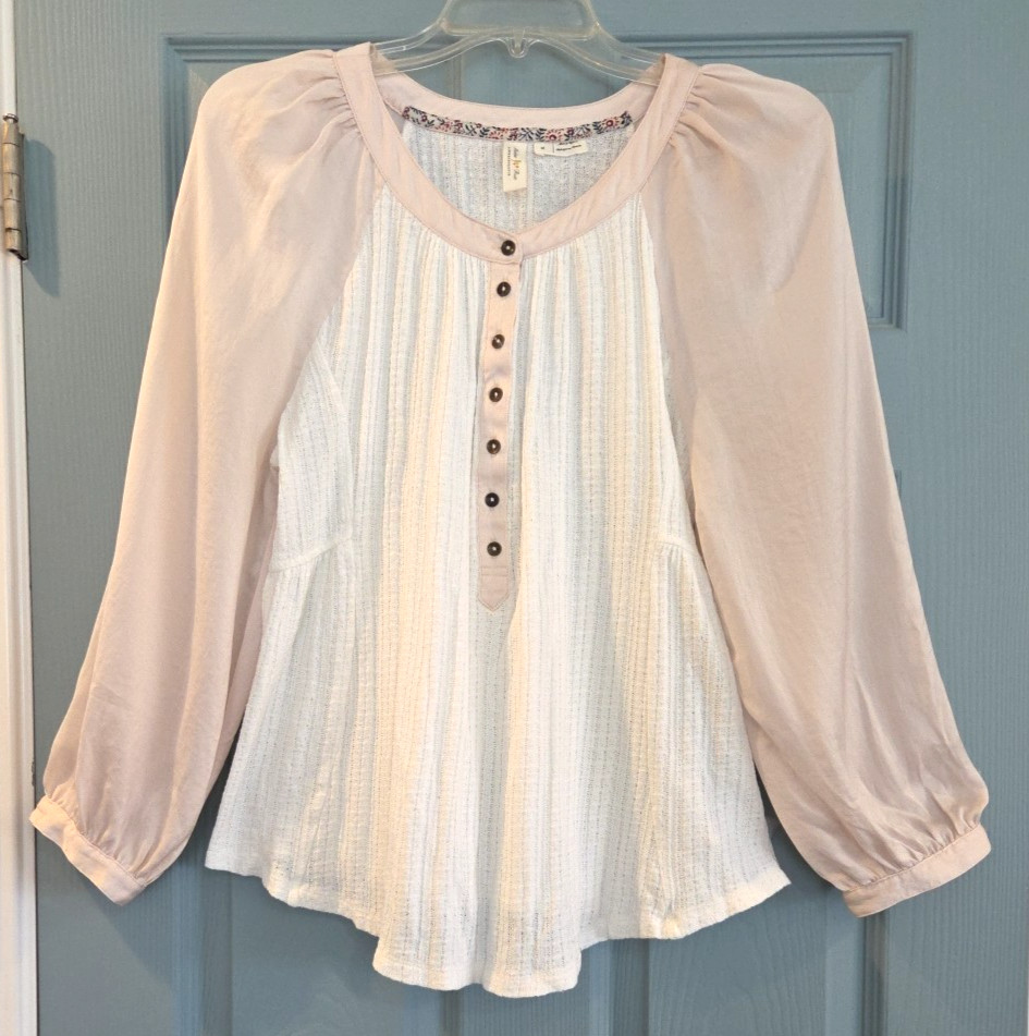 Meadow Rue Anthropologie Kersee Blouse Women’s Pink Cream Romantic Cottagecore M