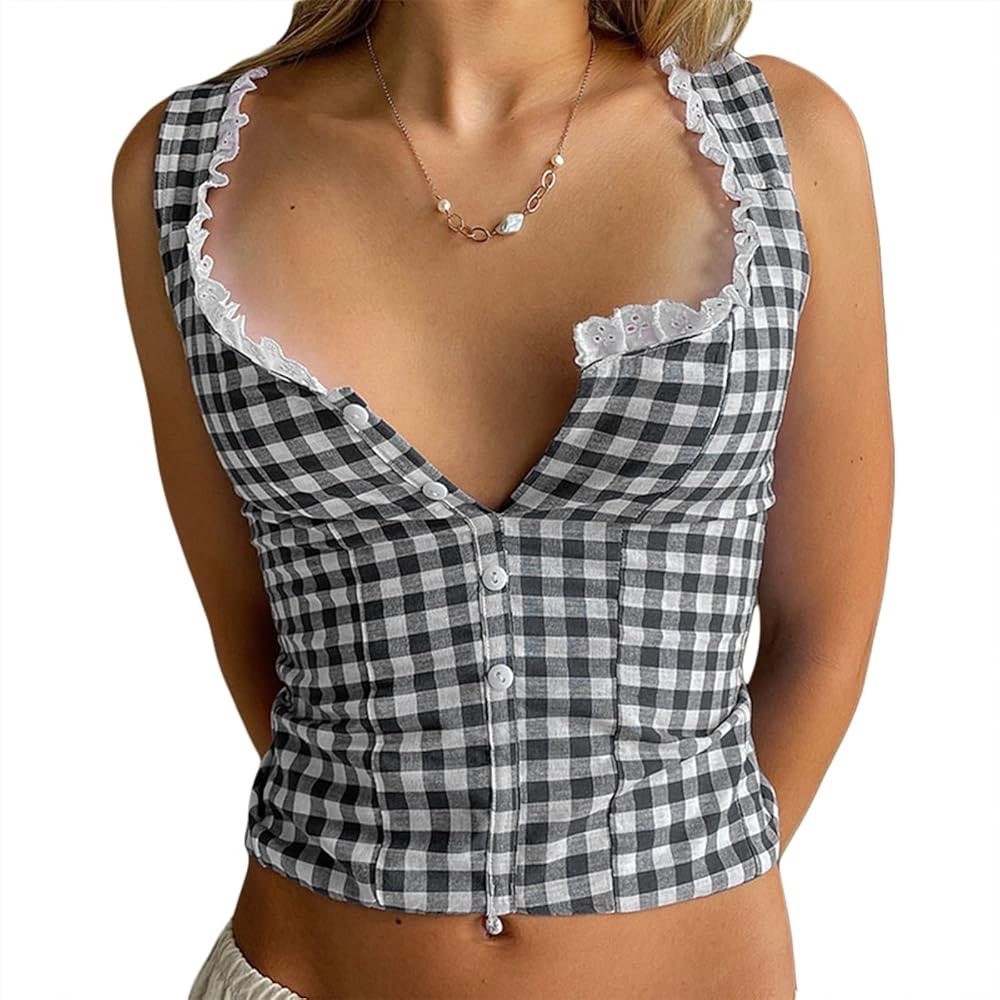Black White Gingham Checkered Lace Trim Corset Tank Top Button Front Cropped Med