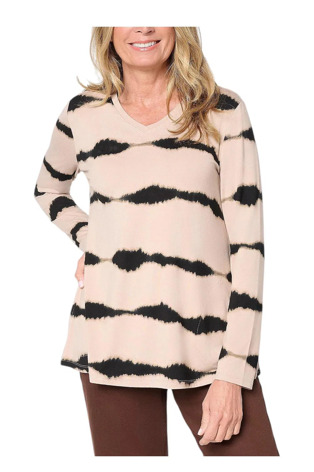 LOGO by Lori Goldstein Rayon 230 Printed Stripe Dye Effect Top Taupe