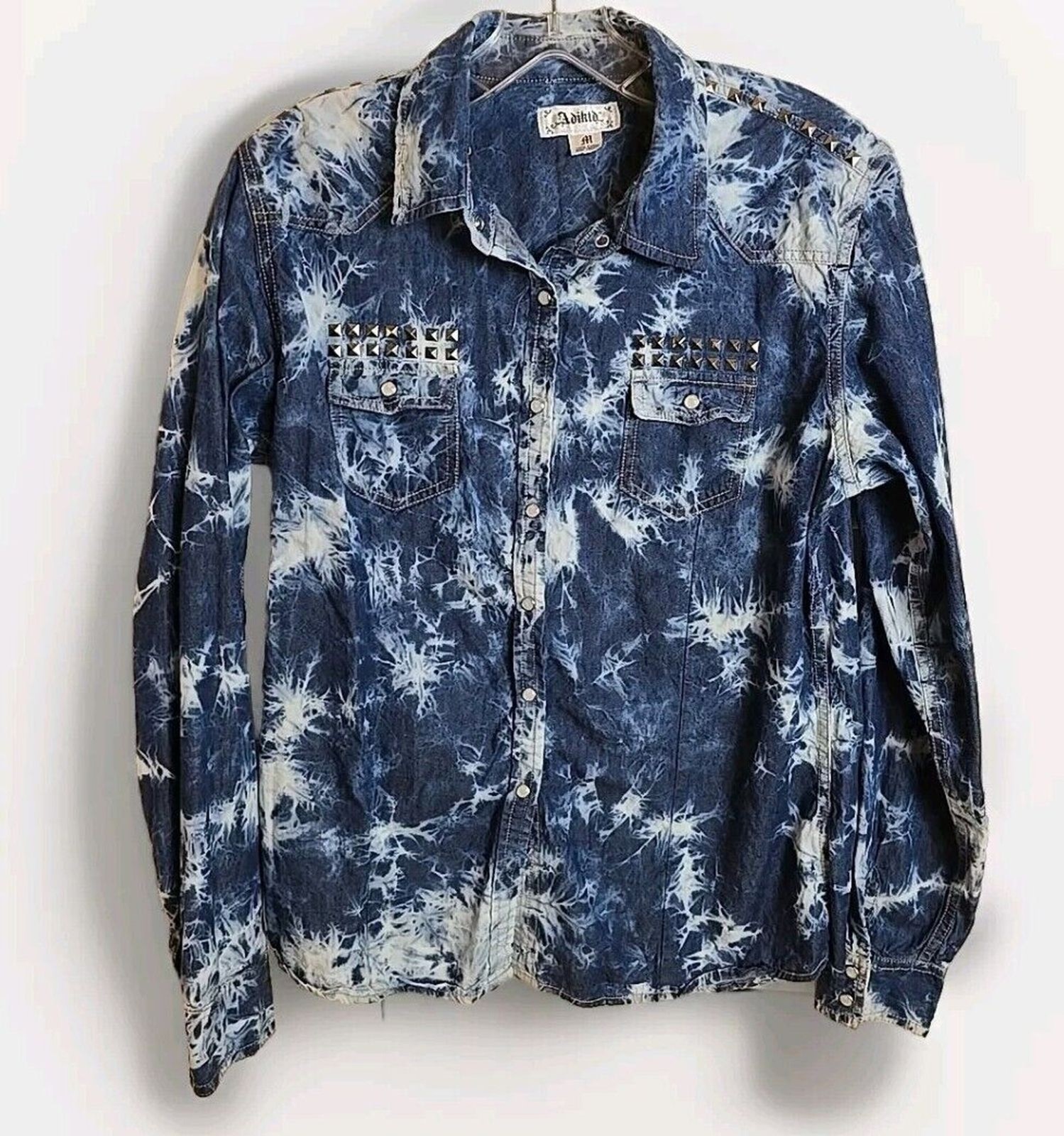 Adiktd Womens Western Shirt M Blue Tie Dye Pearl Snap Long Sleeve Pockets