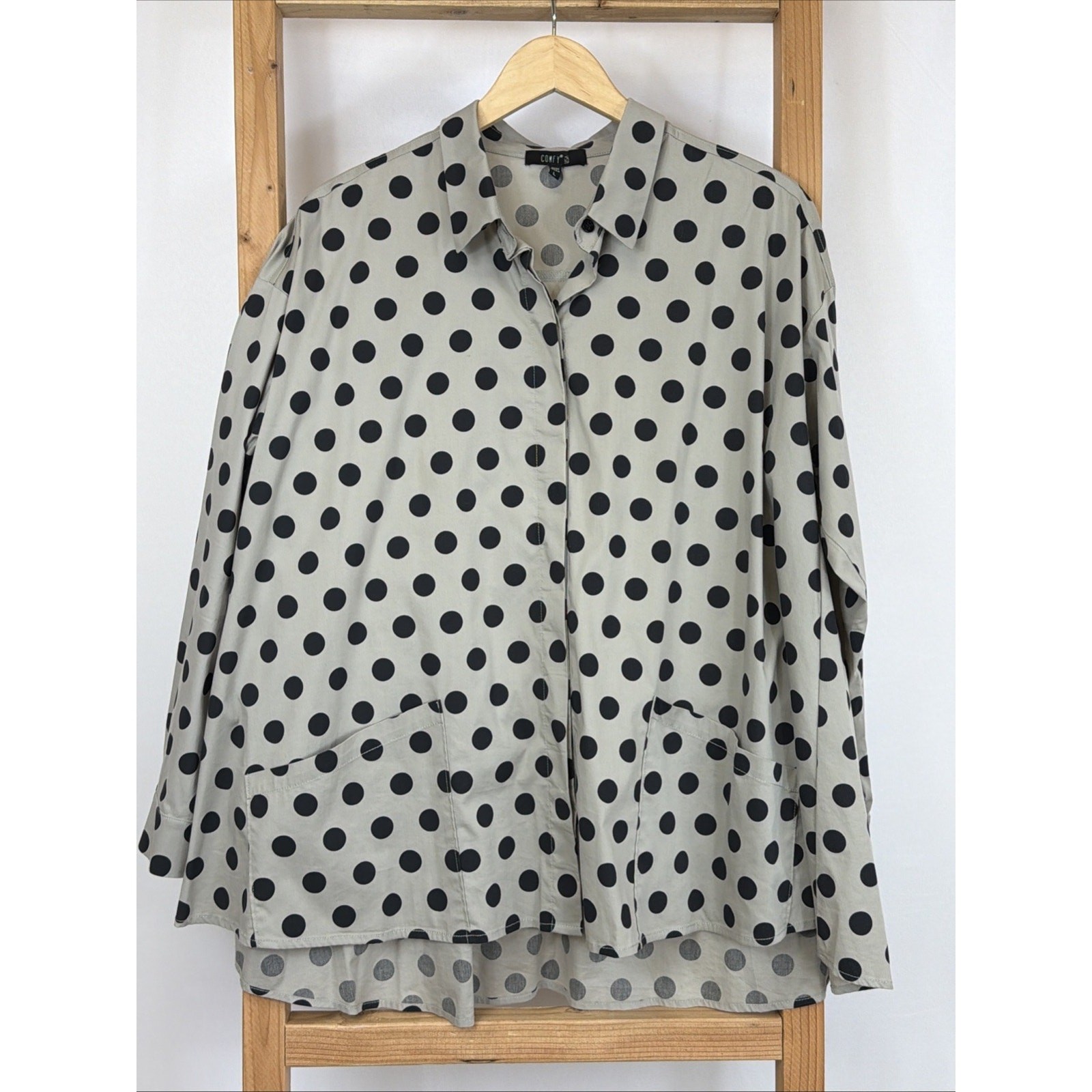 Comfy Taupe & Black Polka Dot High Low Hem Top LARGE Made in USA Cotton Blend