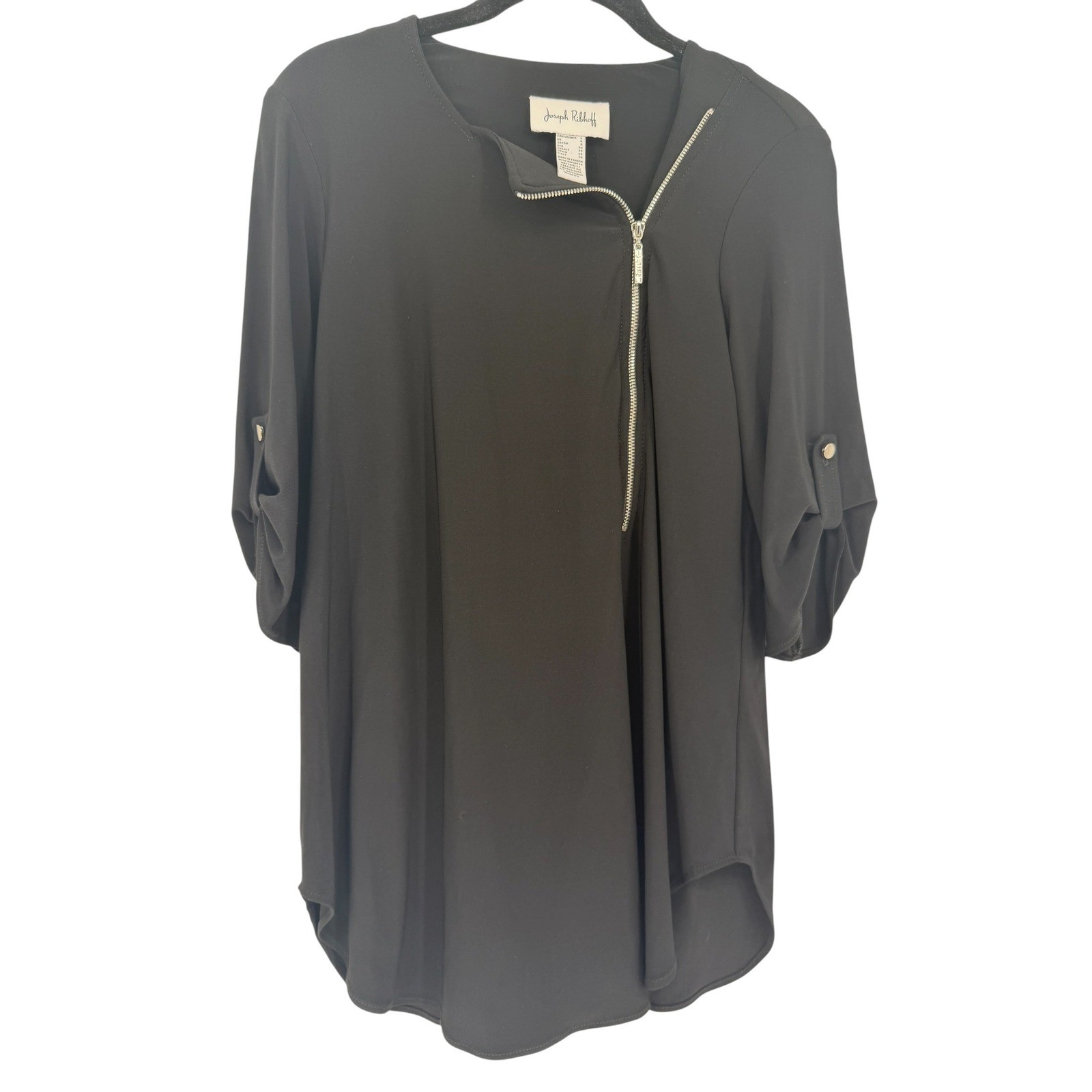 Joseph Ribkoff Black Asymmetrical Zip Tunic Blouse Roll Tab Sleeve Womens Size 2