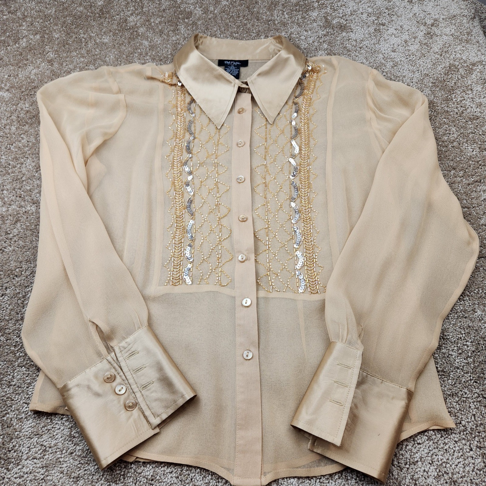 Bob Mackie Studio Womens 14 Silk Beaded Sequin Blouse Champagne Gold Sheer Top