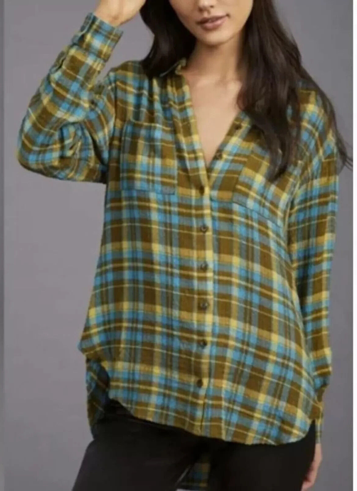 Anthropologie Pilcro Long Sleeve Plaid Shirt long sleeve Green blue sz M Medium