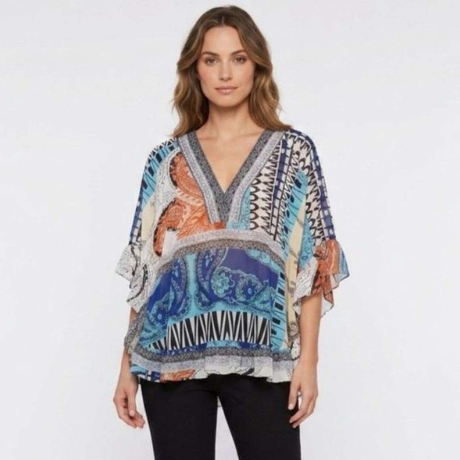 Boston Proper Multicolor Boho-Chic Paisley Geo Animal Print Poncho Top Sz S
