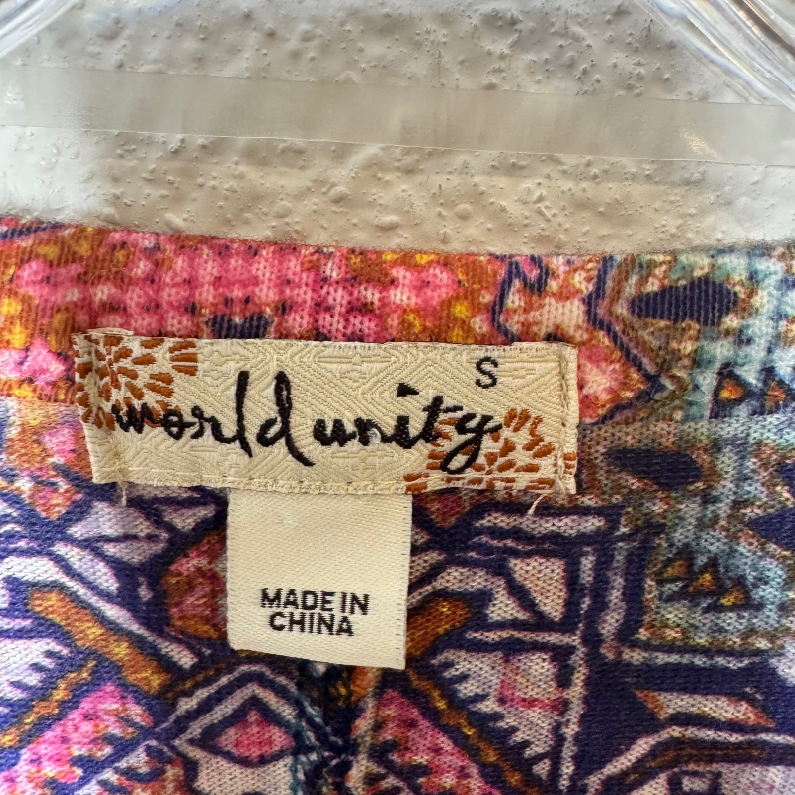 World Unity Women’s Tunic Top Size S Blue Pink Geometric Rhinestone Embellished