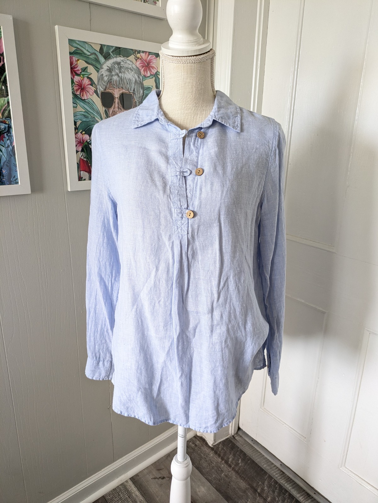 Sigrid Olsen Linen Tunic Top Women S Blue Henley Roll Tab Coastal Boho Beachy