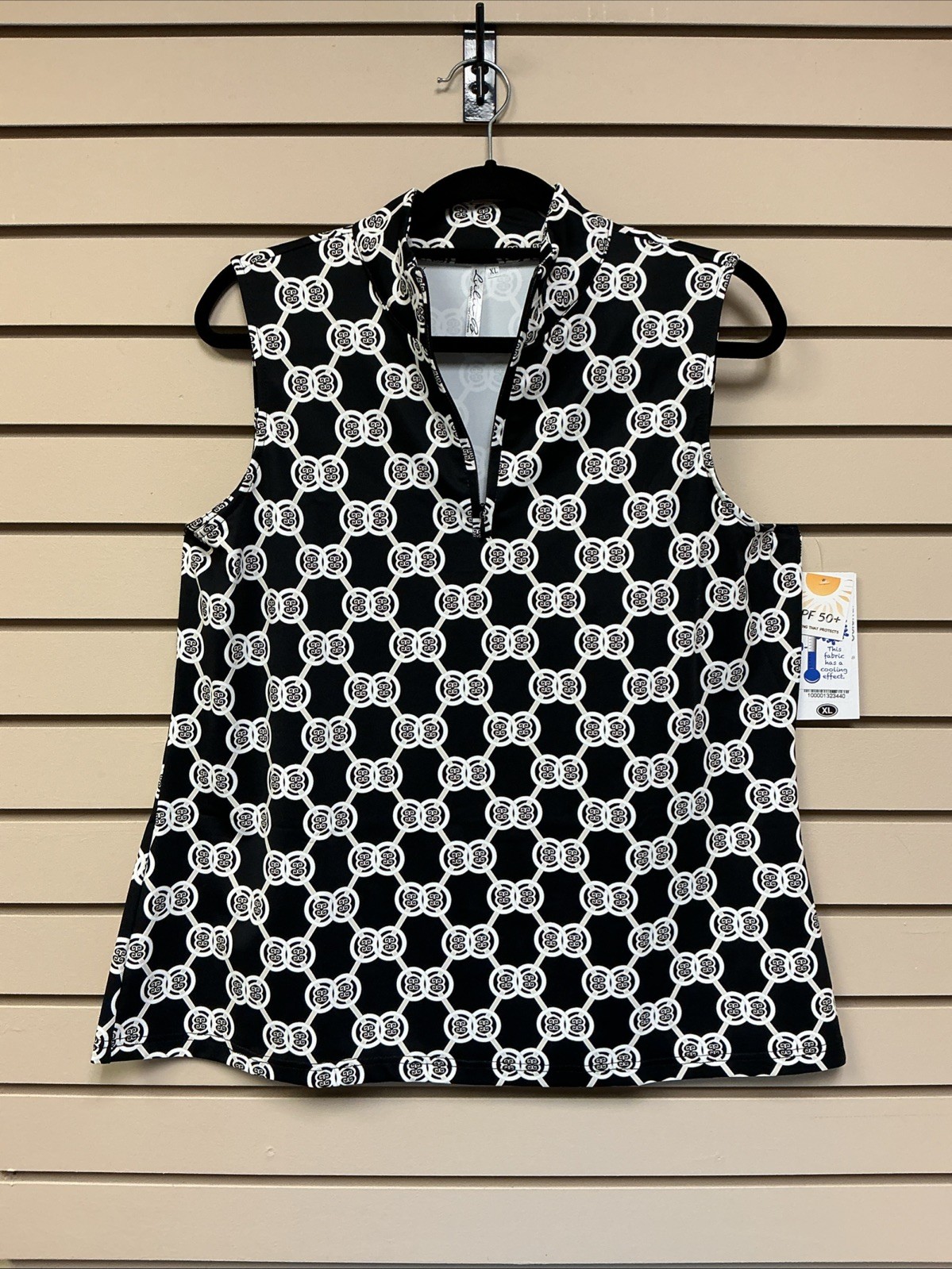 XL Lulu B Sleeveless Top V Neck Zip Mandarin Collar Black Tan Circle Lattice NWT