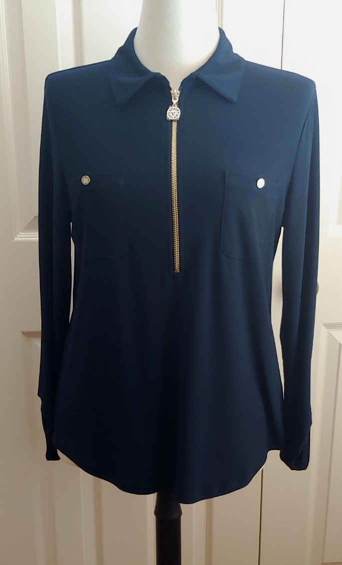 ANNE KLEIN Navy Career Blouse Gold Zipper Logo, Tab Sleeves Pocket Accents Sz L