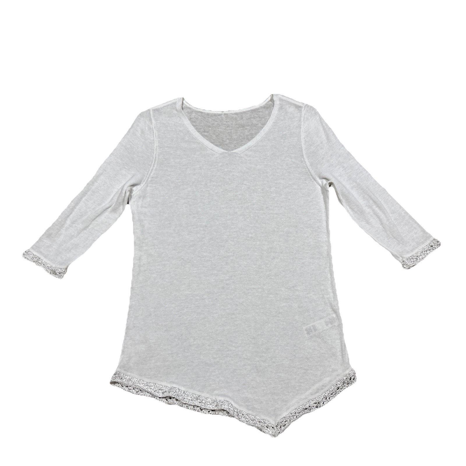 CHICO’S size 0 Small TOP Lightweight Sweater Asymmetrical Hem Crochet Detai B25