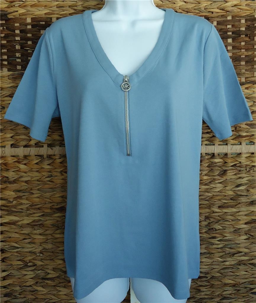 MICHAEL KORS CHAMBRAY BLUE V-NECK HALF ZIP FRONT SHORT SLEEVE TOP XL NWT $98
