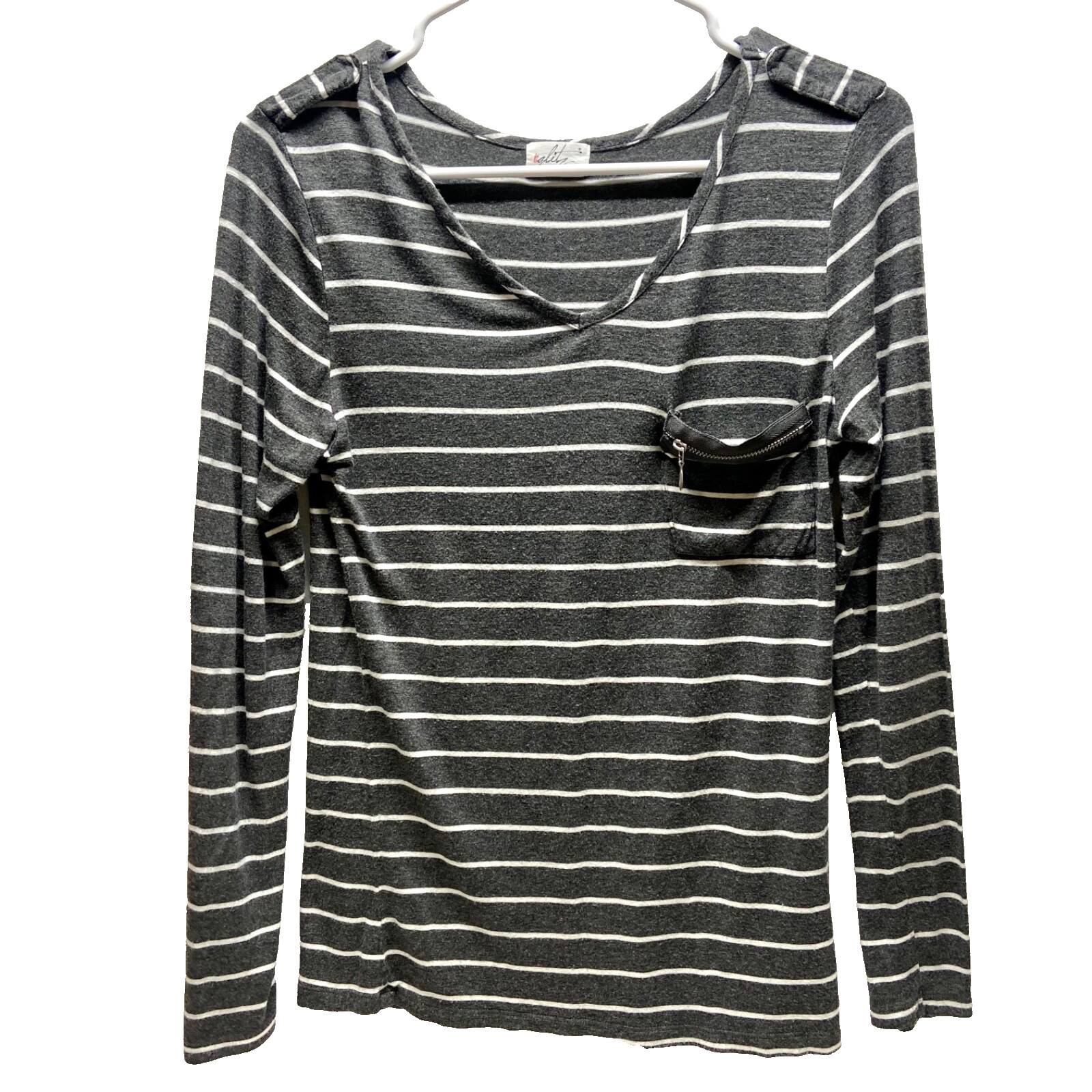 Glitz Long Sleeve Tee Women’s Medium Grey White Stripe Stretch V-Neck Zip Pocket