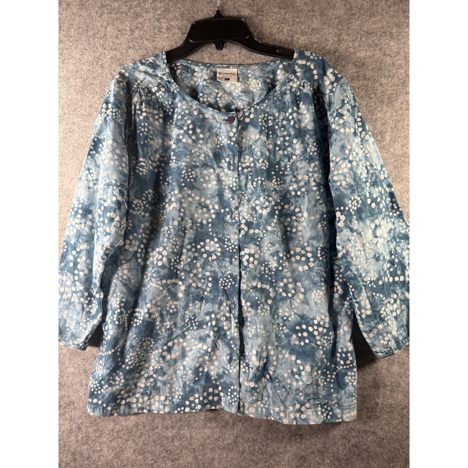 Columbia Sportswear Womens Large Blue Tie Dye Polka Dot Button Down Shirt L/S