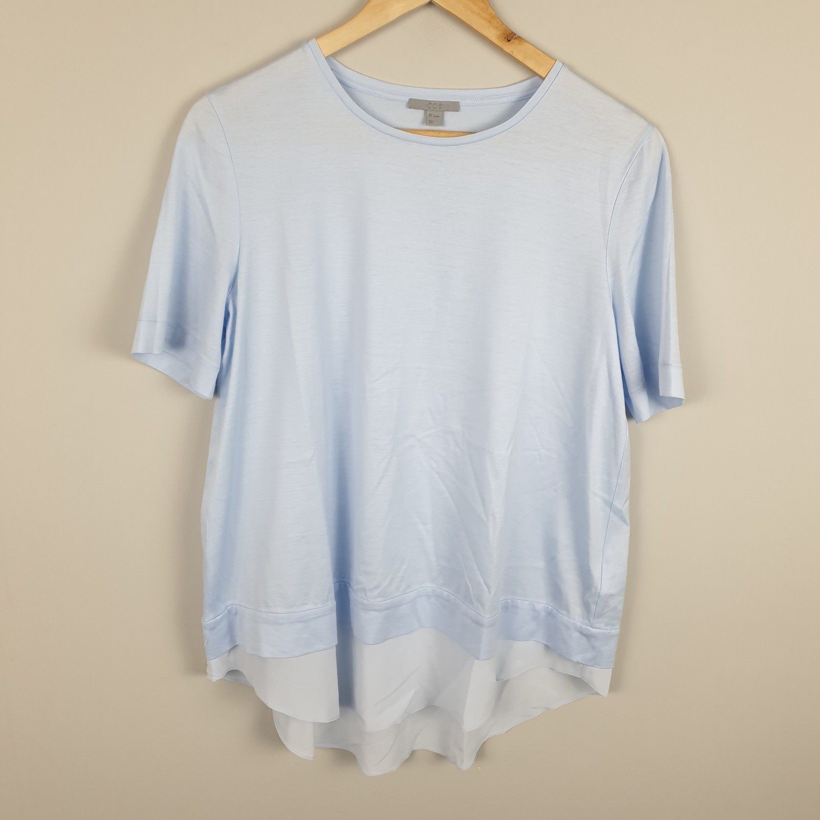 COS Top Women Small Light Blue Layered Hem Silk Panel Minimalist Designer Modern