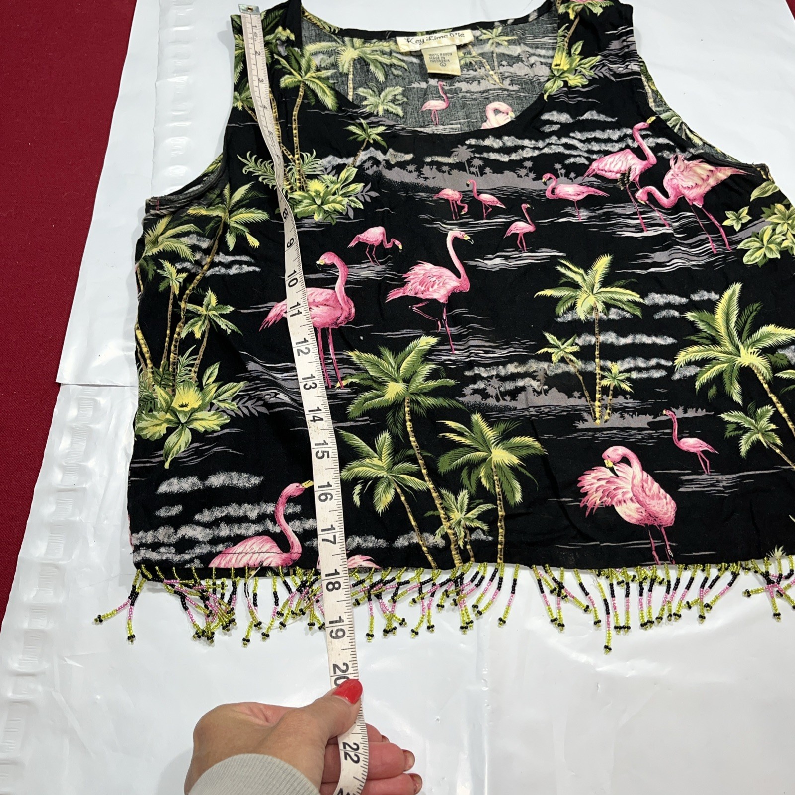 Key Lime Pie FLAMINGO tropical Sleeveless Cropped Tank Top Rayon Beach Fringed