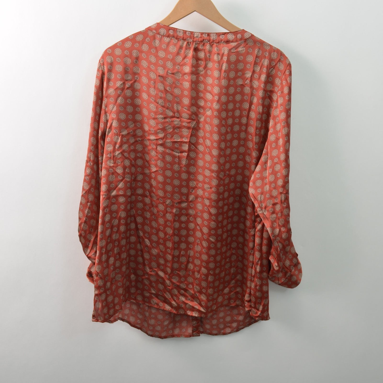 Roz & Ali Womens Full Button-Up 2X Rust Polyester Geometric Long Sleeve V-Neck