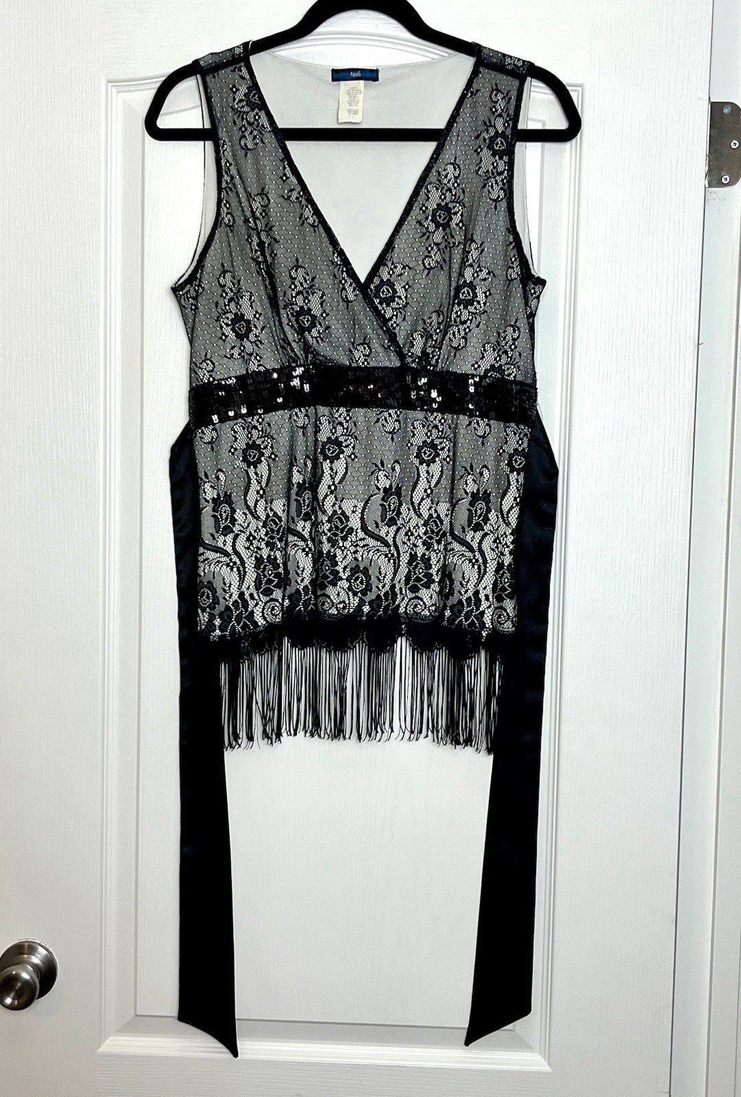 Vintage Y2K Black Lace Fringe Sequin Top Size L Ribbon Tie Back Whimsigoth Glam