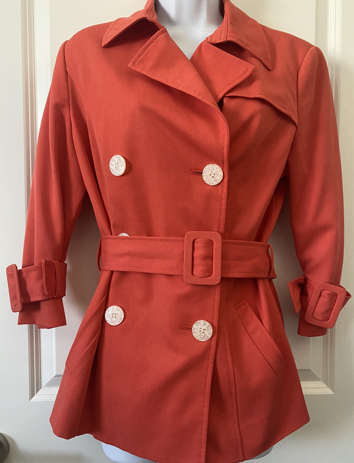 Sharagano Top Women’s Size 8 Double Breasted Belted Blouse Button Fitted Coral