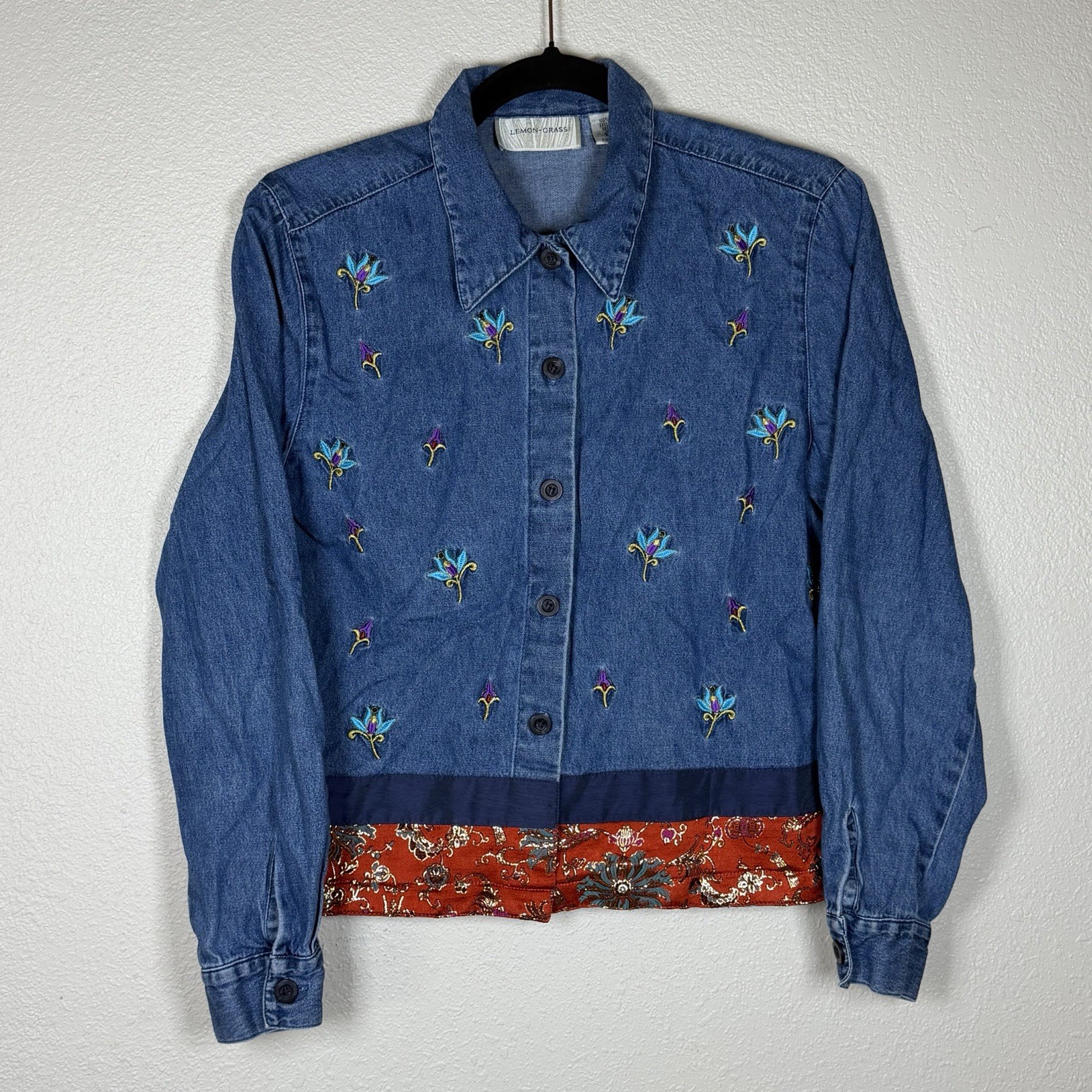 Vintage 90s Denim Shacket PM Floral Lotus Oriental Embroidered Outdoor Boho Art