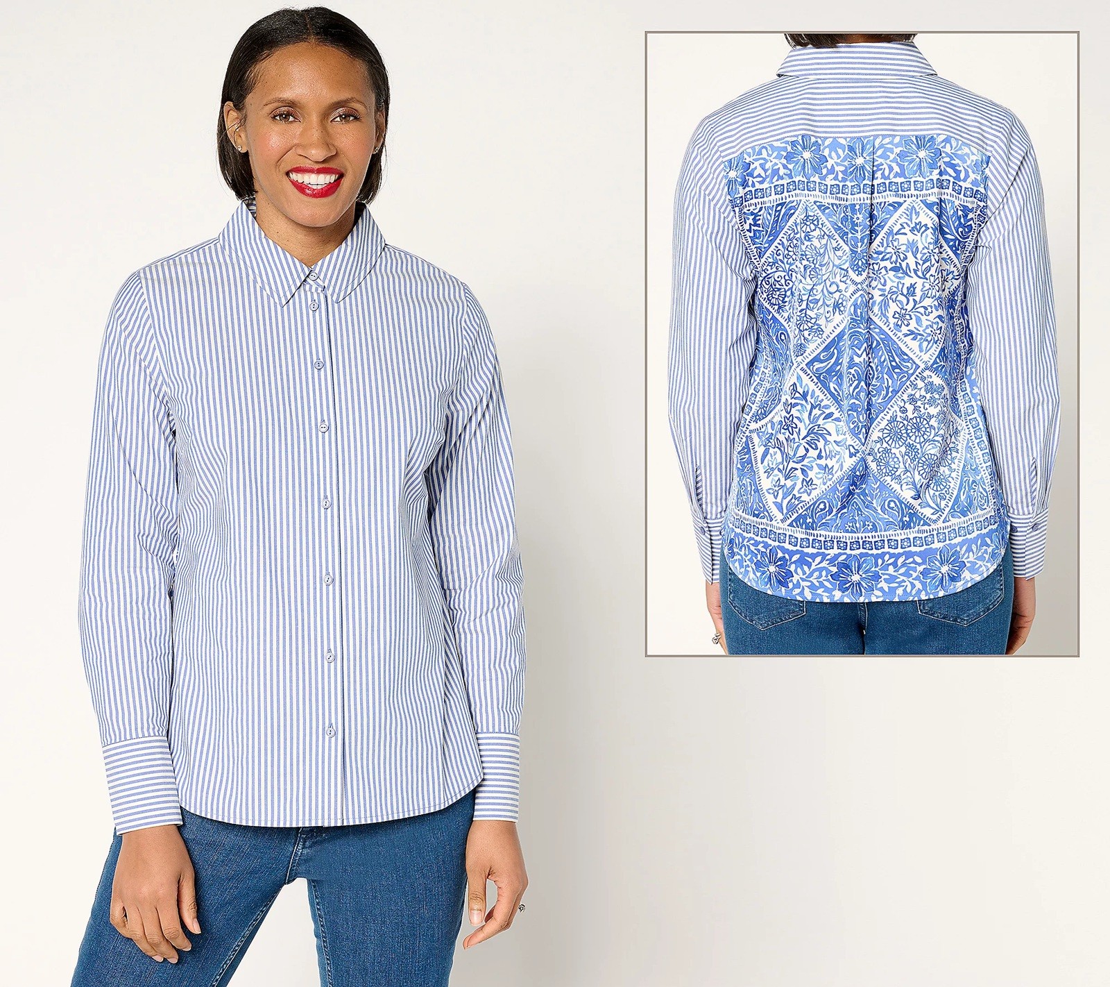 BEAUTIFUL by Lawrence Zarian Sz M Button Front Shirt w/Printed Back A684462 BLUE