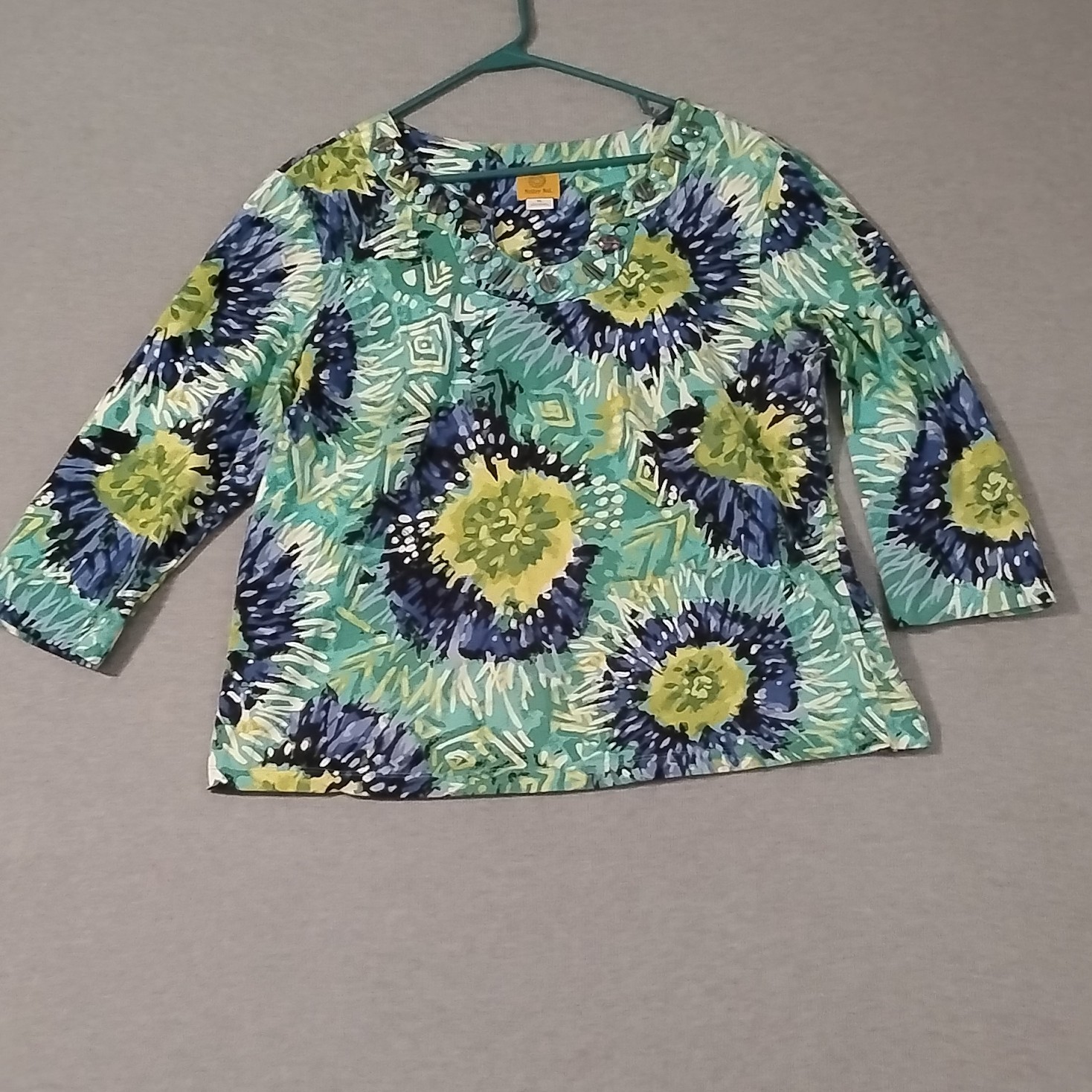 Ruby Rd. Women’s Green Blue Yellow Floral Knit Scoop Neck 3/4 Beaded Top XL