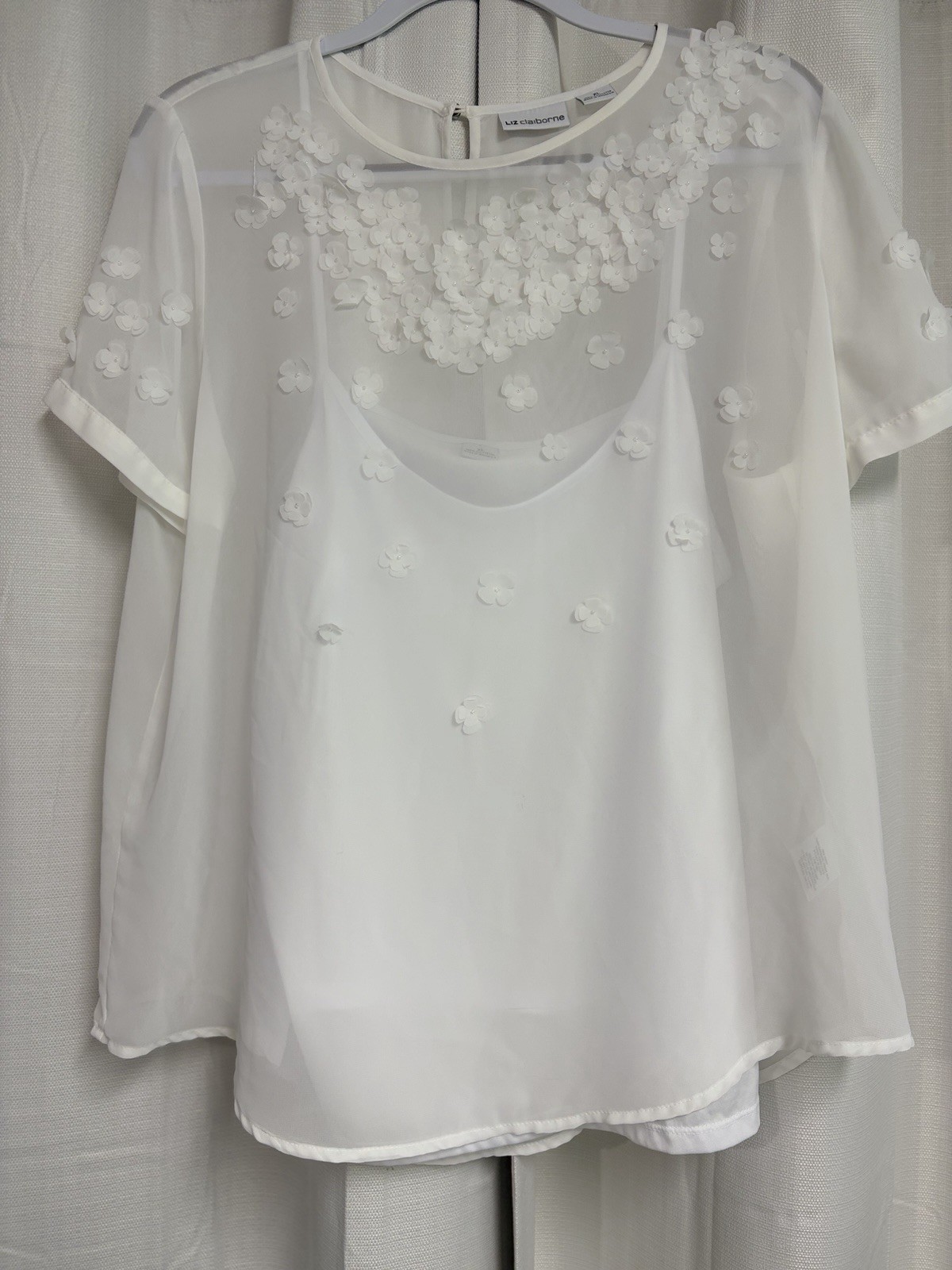 Liz Claiborne Size XL White Blouse Semi Sheer Built in Camisole Applique Flowers