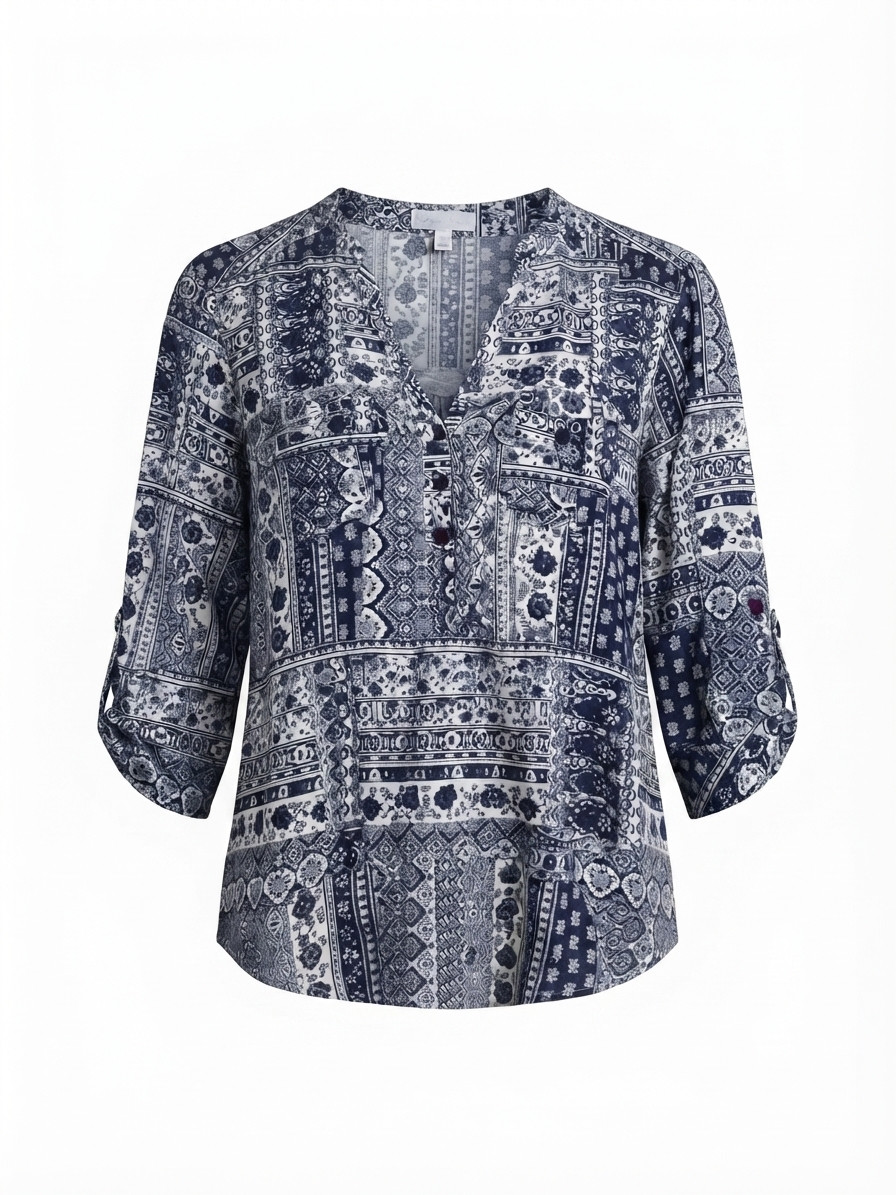 Evelyn & Olivia Blue Patterned V-Neck 3-4 Sleeve Blouse Size L