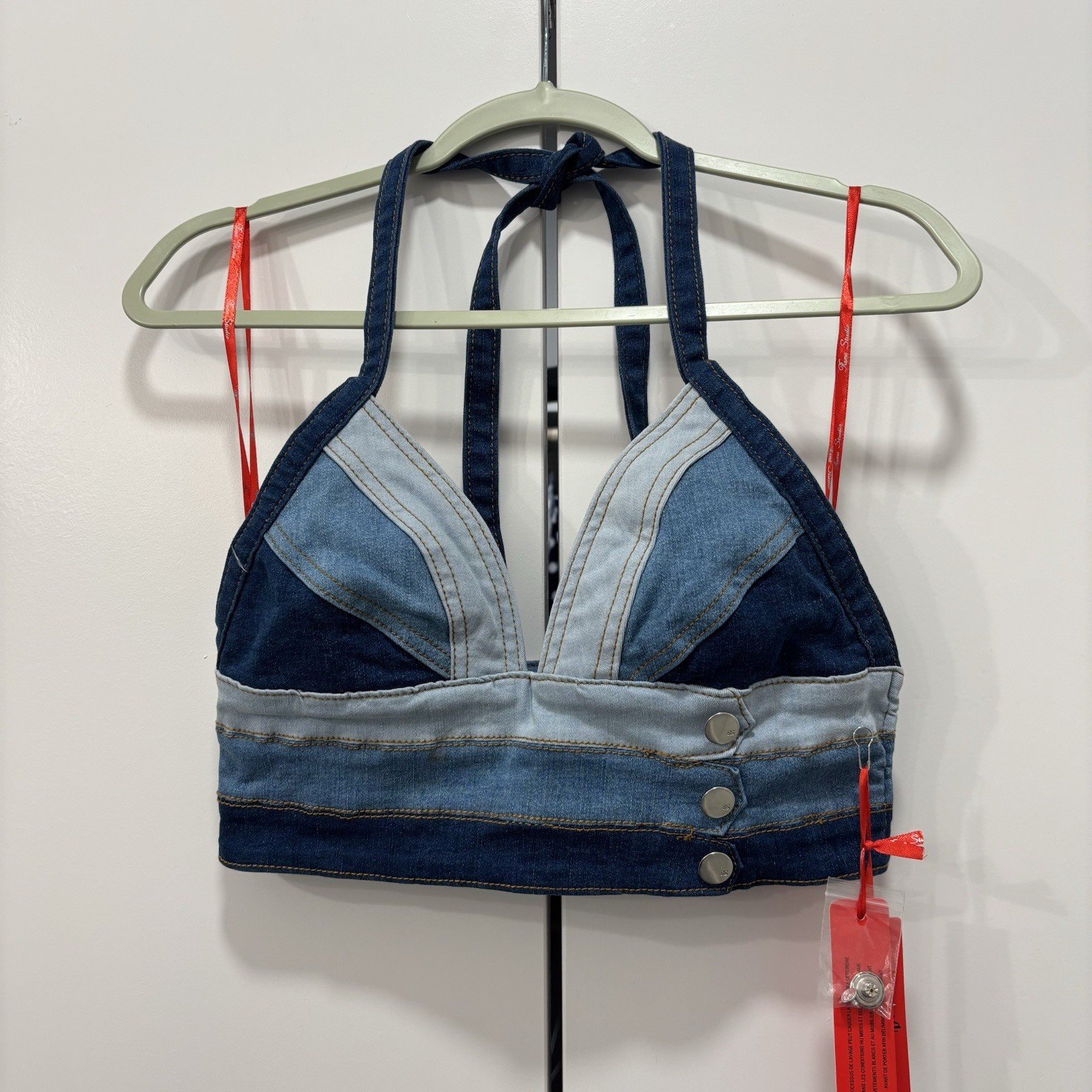 Denim Halter Crop Top SZ M 28” Chest Unique Design From Roma Studio By Rosse