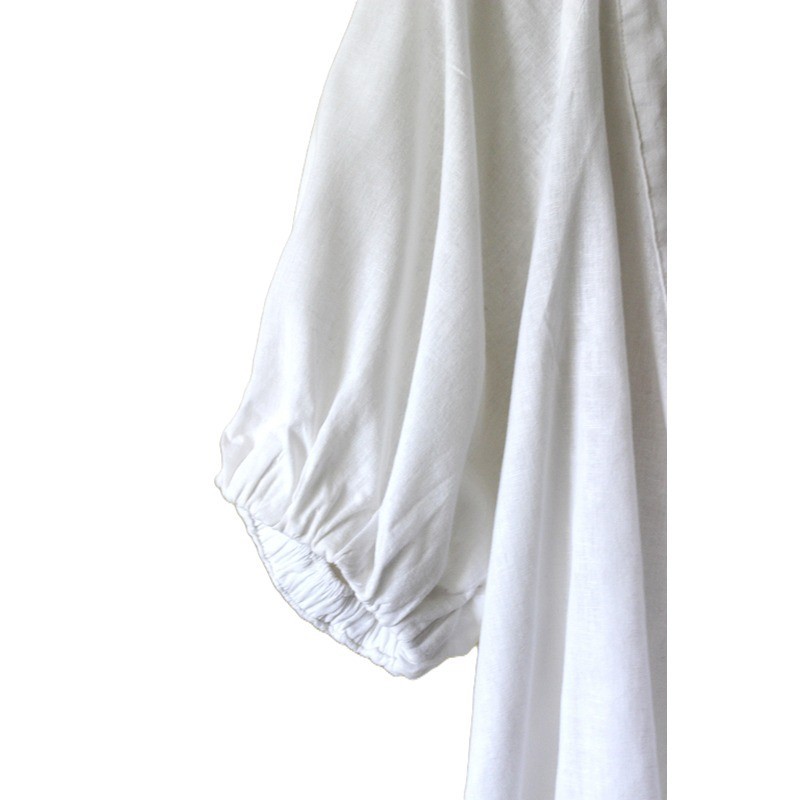 H&M Linen & Cotton Blend Tie-Neck Balloon-Sleeve Blouse in Crisp White (XL)