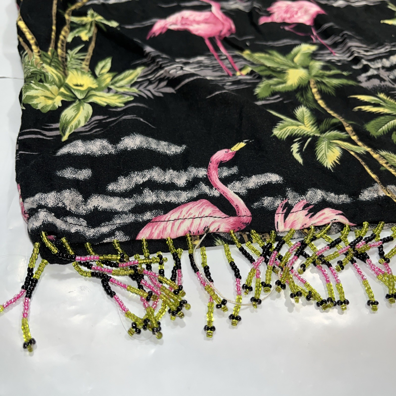 Key Lime Pie FLAMINGO tropical Sleeveless Cropped Tank Top Rayon Beach Fringed