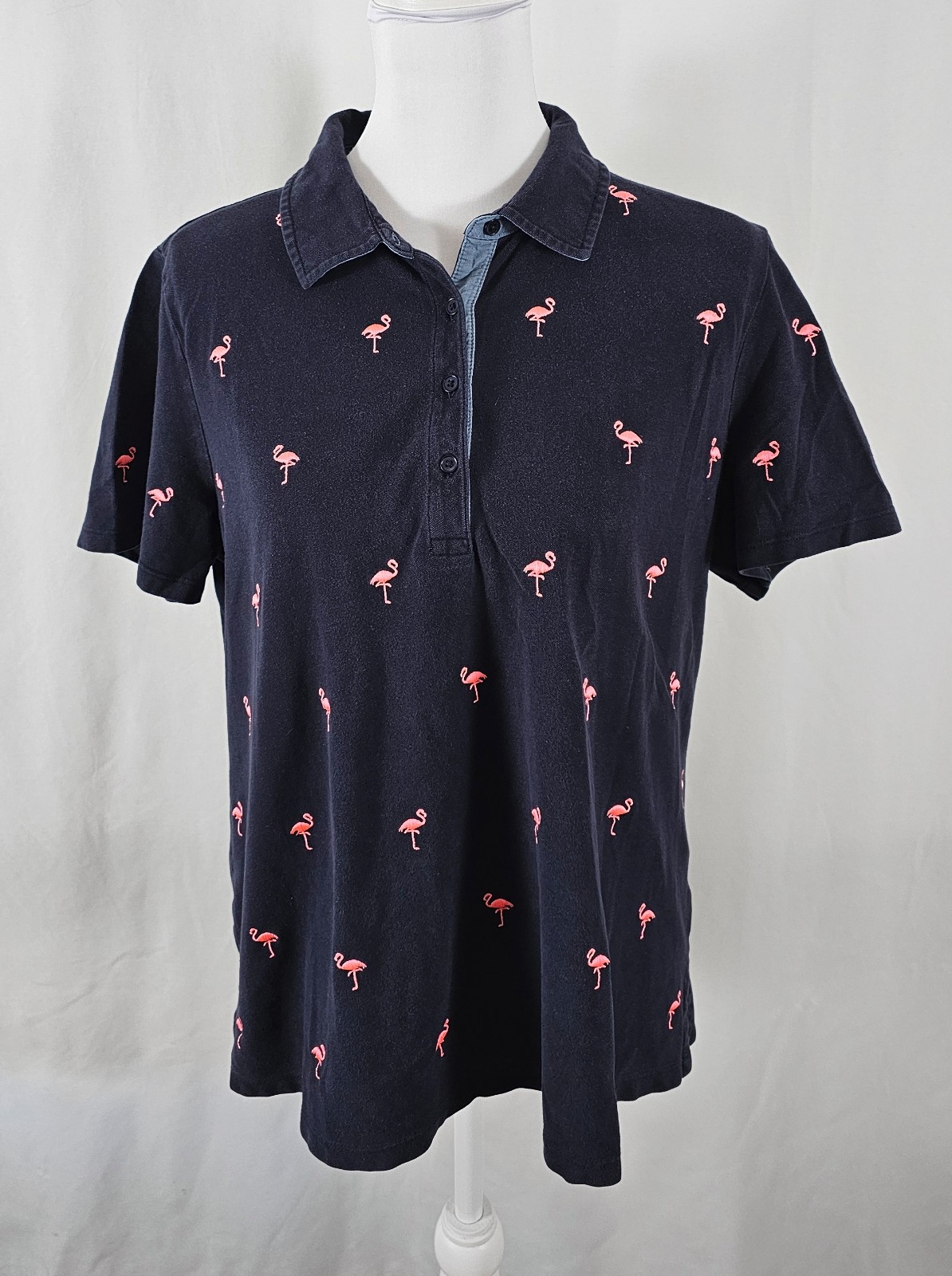 Talbors Womens Top Partial Button Navy Blue Pink Flamingos Cotton Spandex 1X