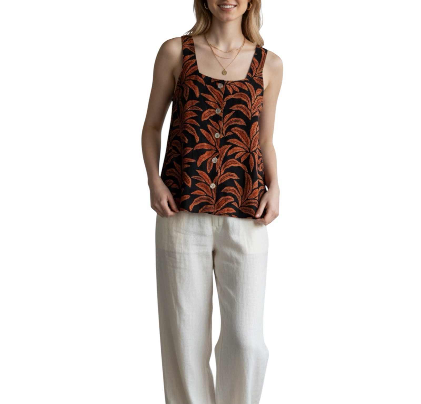 Rachel Zoe Linen Black/Rust Tropical Button Front Square Neck Tank Top M