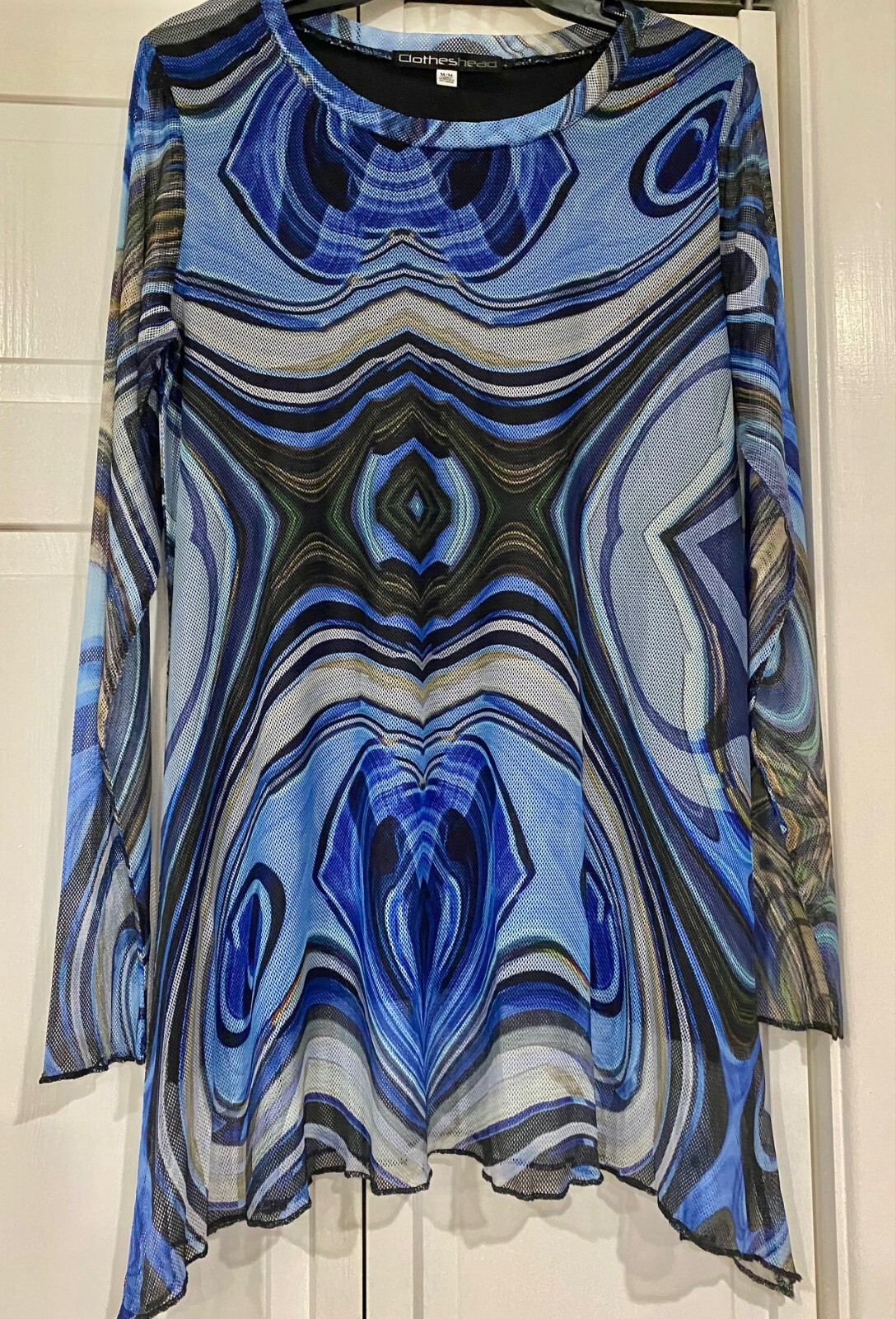 Clotheshead NWT, Blue/Black/Gray/Beige Abstract Top Medium, Mesh Sleeve Ret $69