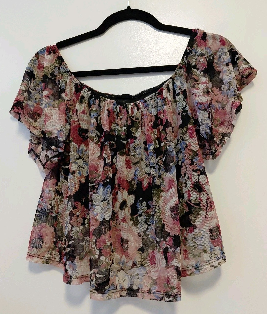 Mesh Sheer Floral Feminine Peasant Boho Crop Top Short Sleeves Med Multicolor