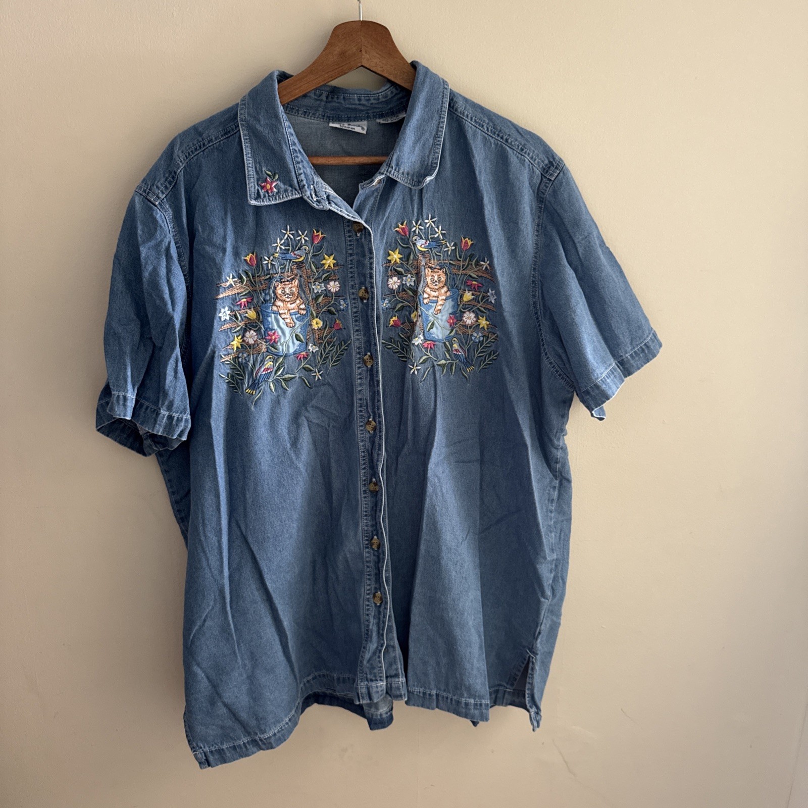 Bobbi Brooks Woman Cat Embroidered Denim Shirt- Vintage Sz 22/24 W