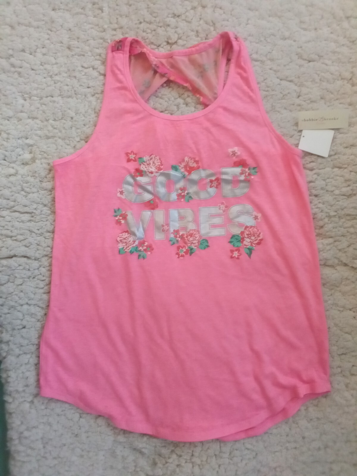 Bobbie Brooks Pink/Floral Mesh “Good Vibes” Tank Top Size S NWT
