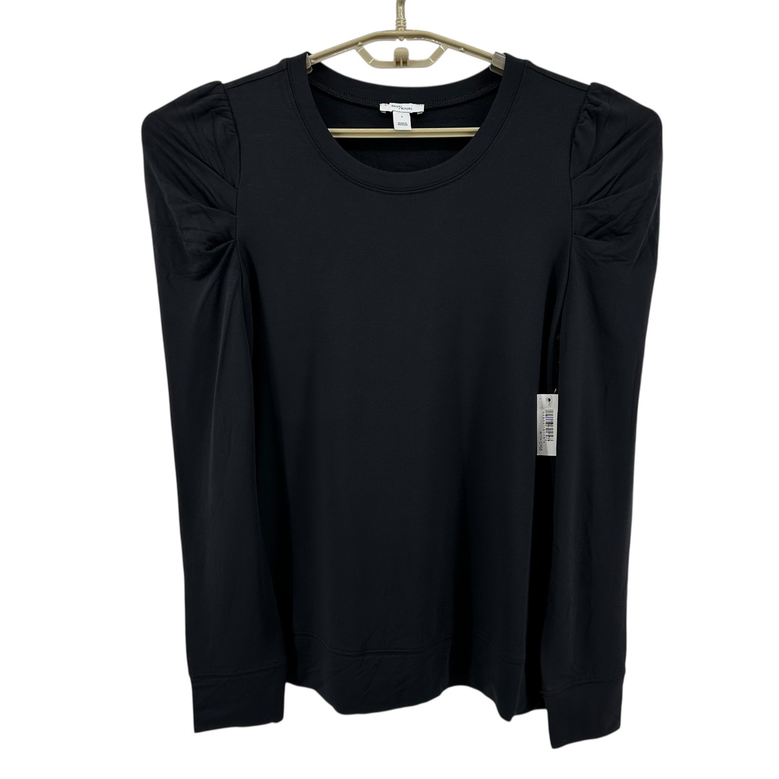 Daily Ritual Womens Size L Black Puff Shoulder Long Sleeve Top Crew Neck NEW