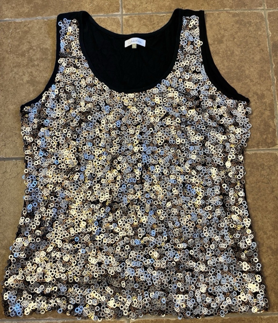 Calvin Klein XL Black/Silver Sequin Scoop Neck Wide Strap Stretch Tank Top
