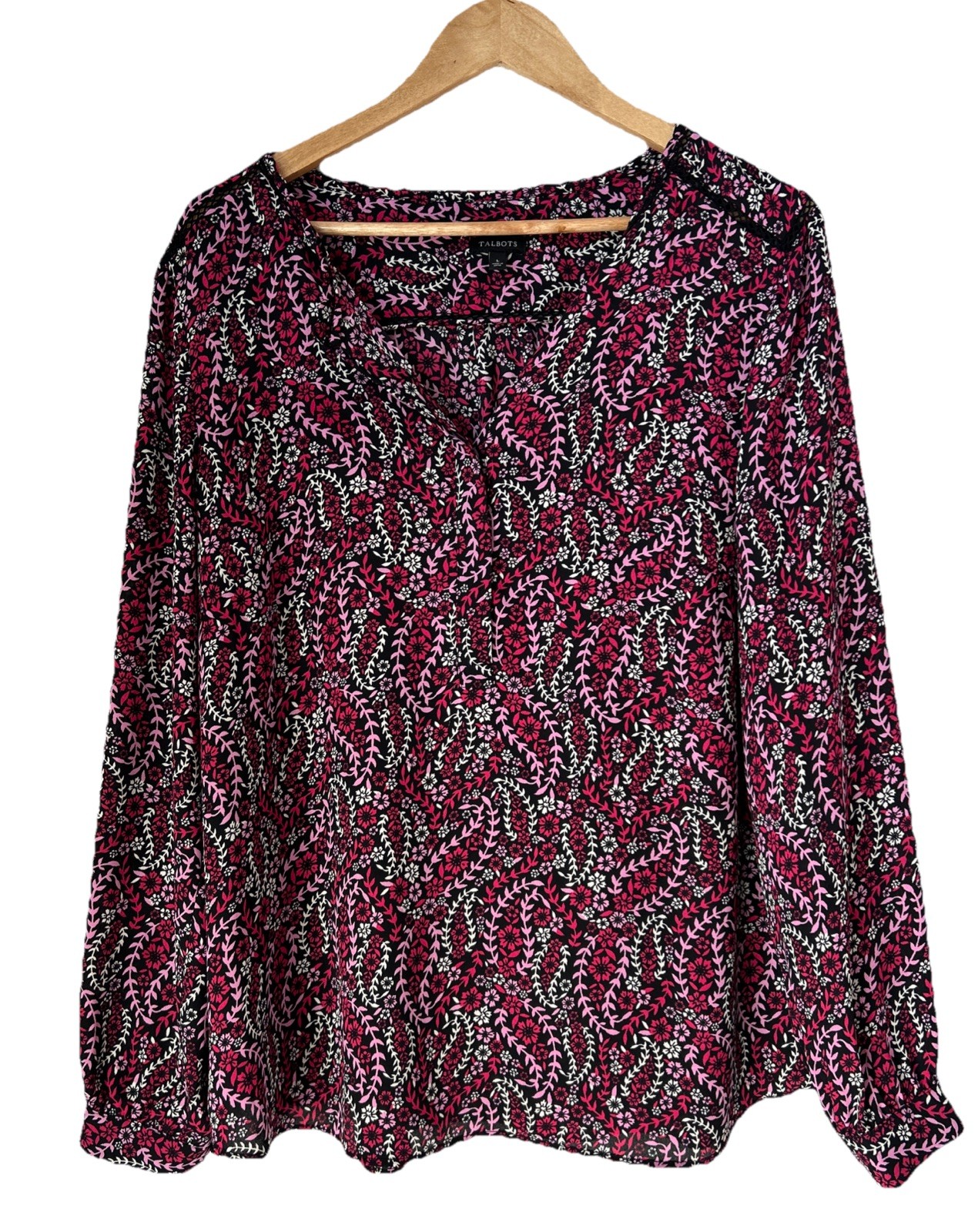 Talbots Petites Bracelet Sleeve Print Split Neck Popover Blouse Size Large L