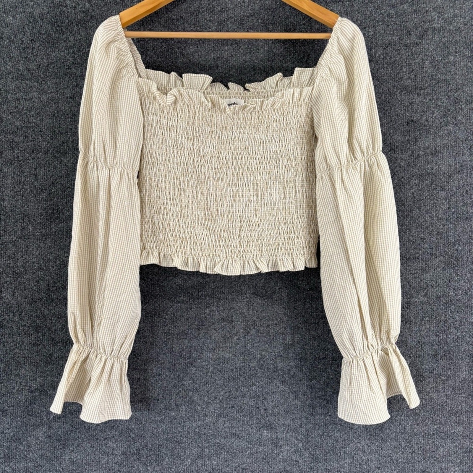 Superdown Revolve Womens Smocked Puff Sleeve Gingham Top Size Large White Tan